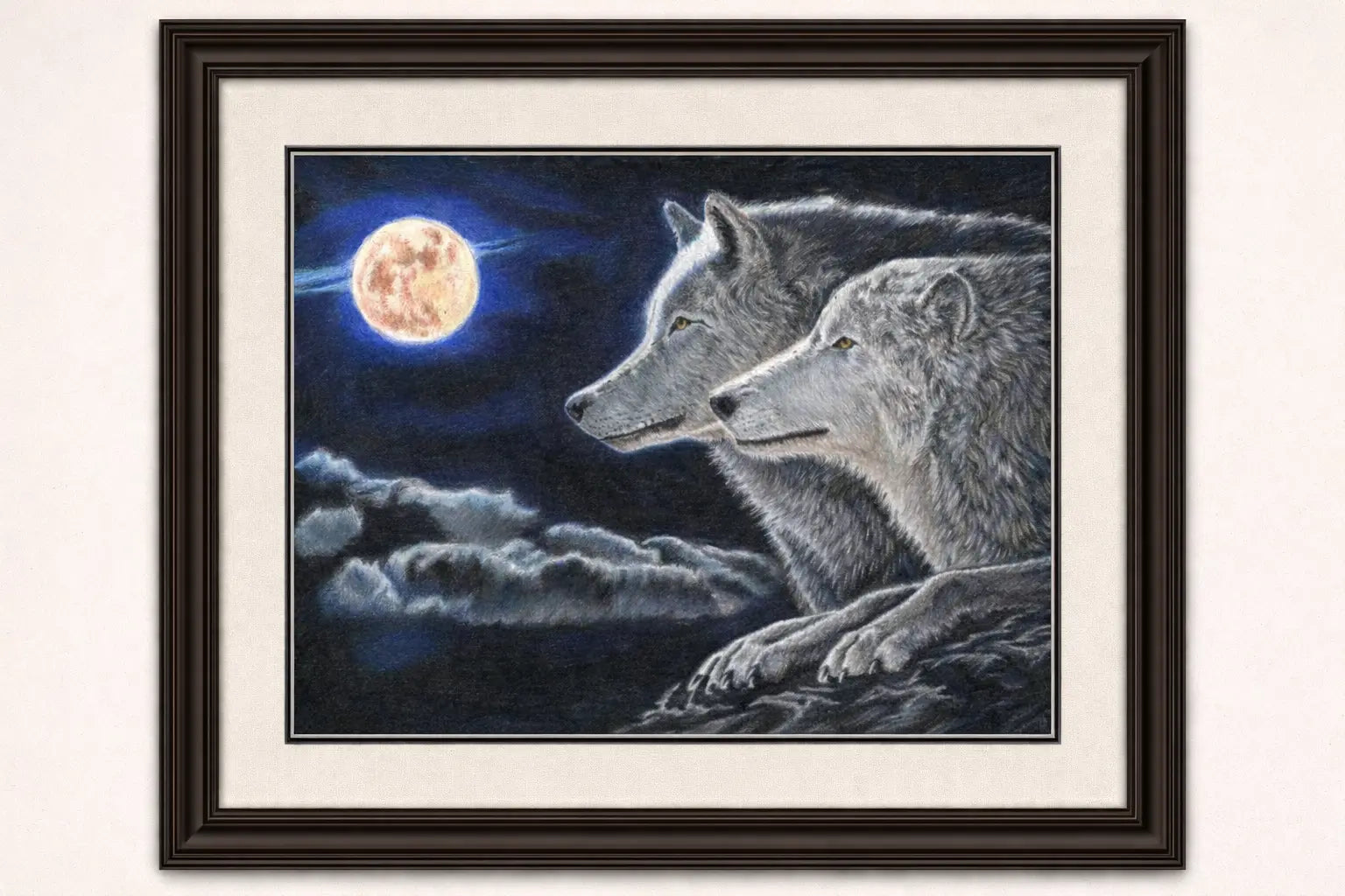 Moonlit Wolves Art Print-Hand Drawn Coloured Pencil Illustration Hand and Heart Art Studio