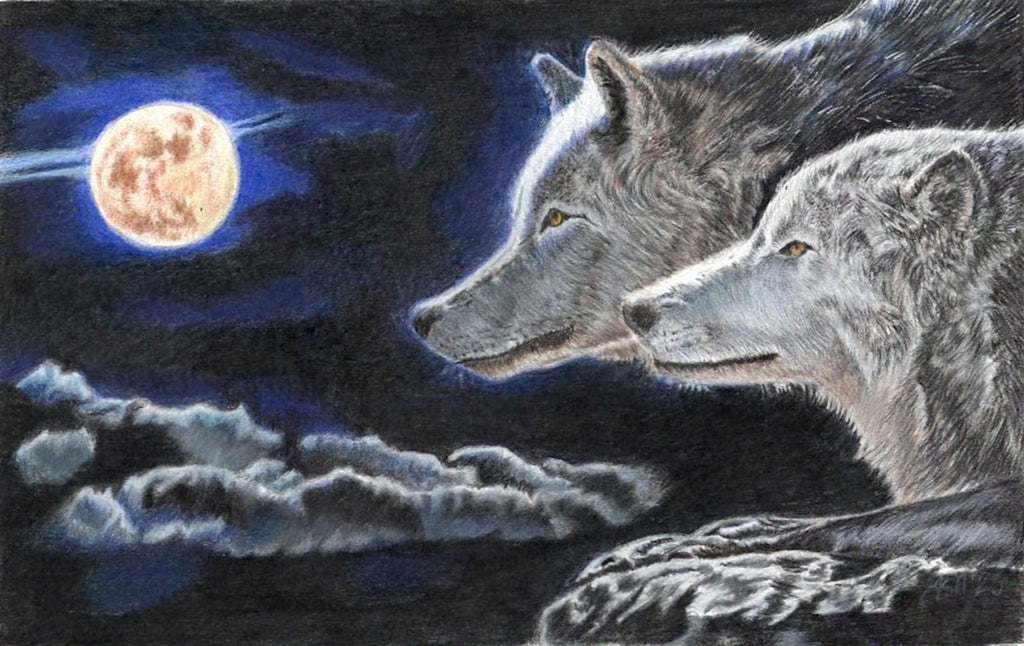 Moonlit Wolves Art Print-Hand Drawn Illustration