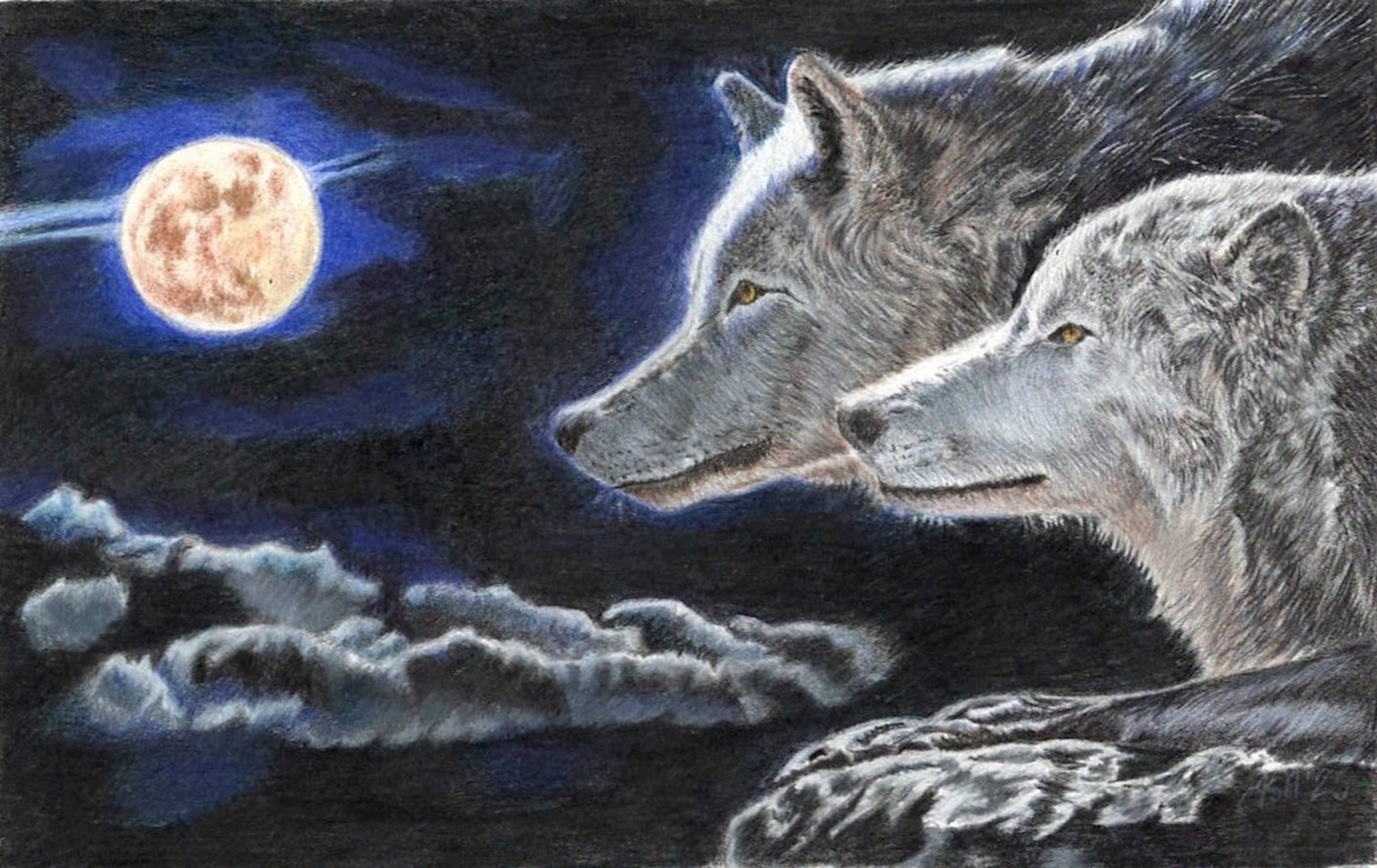 Moonlit Wolves Art Print-Hand Drawn Illustration